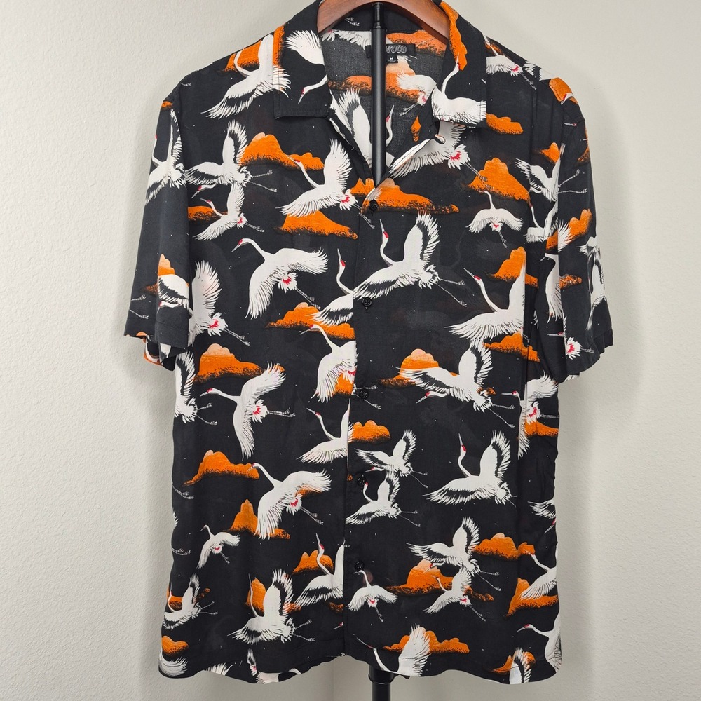 Elwood Mens Black Rayon Crane Print Short Sleeve Button Up Shirt Size M Wild Fun